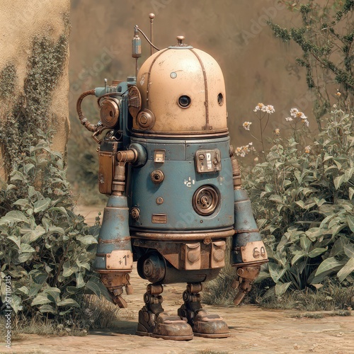 Cute, vintage robot standing amidst foliage