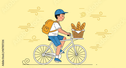 Courier Cycling With Bread, Delivering Fresh Bakery Goods In A Delightful Illustration