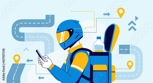 Courier On Motorbike Using Mobile App For Delivery Service Illustrative Design