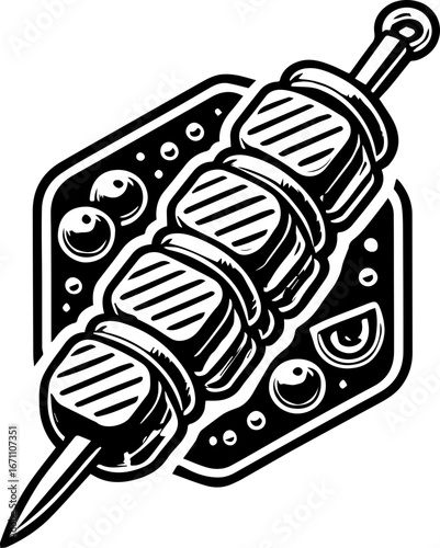 Illustration of a grilled meat shish kebab on a plate with decorative dots in black and white style