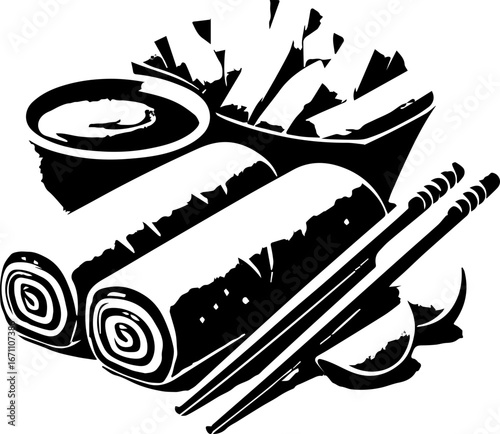 Illustration of spring rolls with dipping sauce and chopsticks ready to be eaten on a plate