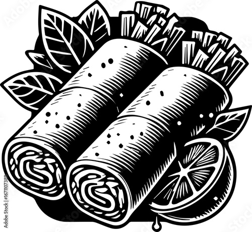 Illustration of two spring rolls with lemon slice and garnish in black and white style drawing