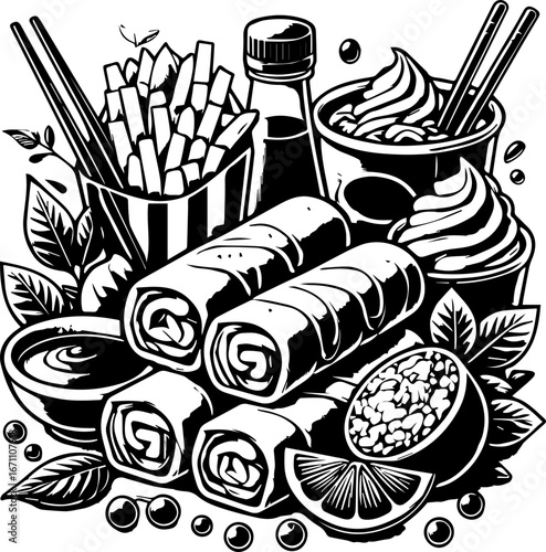 Detailed black and white illustration of spring rolls fries and dessert with sauce and sliced fruit