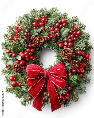 Wallpaper Mural Festive Christmas Wreath with Red Berries and Velvet Bow Torontodigital.ca