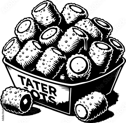 Illustration of a container overflowing with tater tots with the words tater tots printed on it