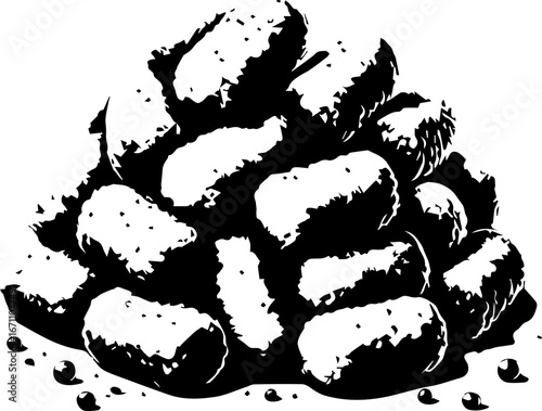 Illustration of a monochrome pile of croquettes with visible crisp texture in a vector format image
