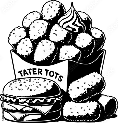 Illustration of a burger, tater tots in a box, and some extra tater tots with a sauce topping