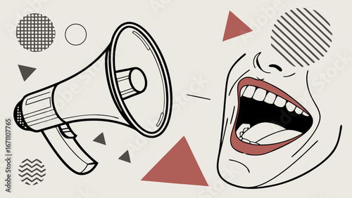 Abstract illustration of a megaphone and a shouting mouth with geometric shapes announcement communication advertising marketing design vector illustration graphic design social media promotion broad.