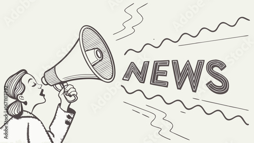 Woman announcing news through a megaphone vintage style illustration.