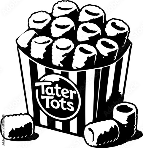 Illustration of a striped container filled with tater tots and several scattered around it in black and white