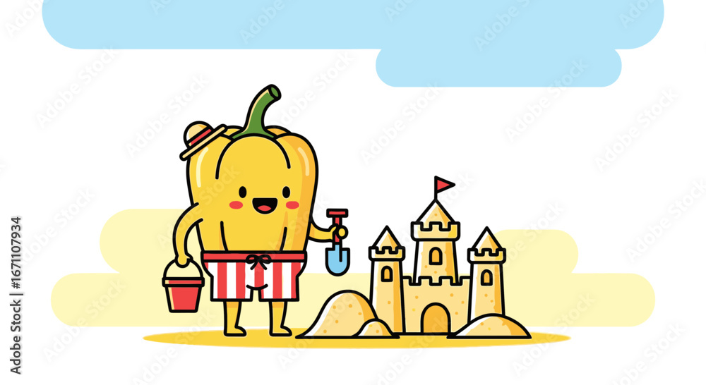 Fototapeta premium Cheerful Yellow Pepper Character Building Sandcastle with Beach Accessories on Sunny Day