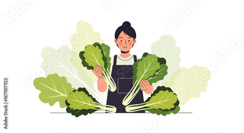 Cheerful Woman Showcasing Fresh Green Vegetables, Ready for Culinary Creations Illustrated