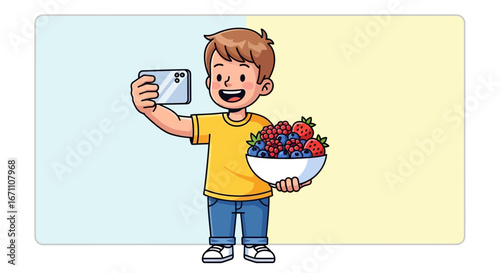 Cheerful Young Boy Captures Delicious Berries Sharing Moment with a Smartphone