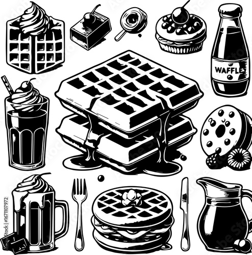 Illustration of a variety of breakfast foods including waffles pancakes and sweet treats in black and white