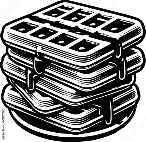 Illustration of a stack of waffles with syrup dripping down in black and white graphic style