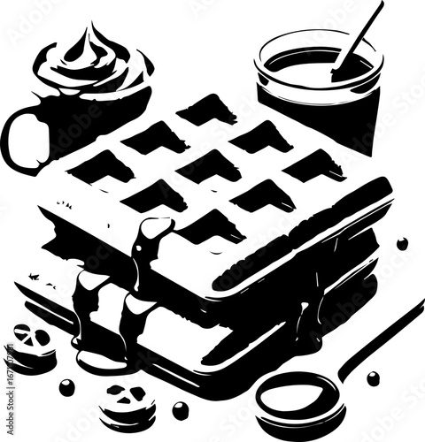 Illustration of a stack of waffles with syrup, whipped cream, and a cup of coffee in black and white