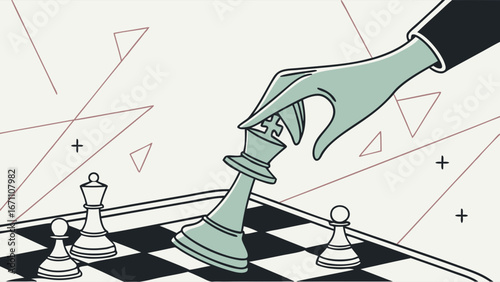 Chess game illustration hand moving king piece strategy concept business competition game design vector graphic.