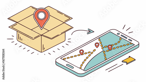 Tracking Package Delivery on Mobile App GPS Location Route Cardboard Box.