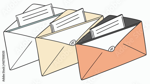 Three Envelopes with Letters Correspondence Mail Post Stationery Communication Message Paper Document Graphic Design Illustration Office Supplies Business Flat Lay Colorful Envelopes Simple Design Mi.