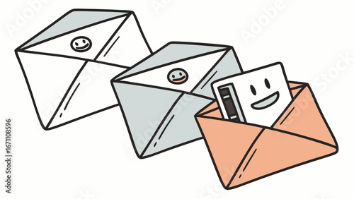 Cartoon Illustration of Envelopes with Smiley Faces Digital Communication Messaging Correspondence Happy Mail.