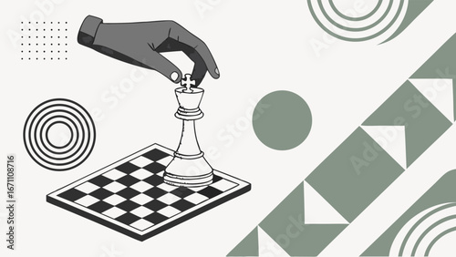 Strategic Move Hand Placing Chess King on Board Flat Lay Abstract Background.