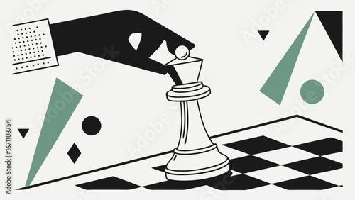 Abstract Chess Game Illustration Hand Moving Queen Piece on Board with Geometric Shapes Background.