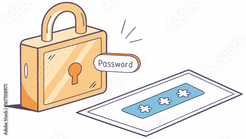 Cartoon illustration of a padlock and password entry field for online security and data protection.
