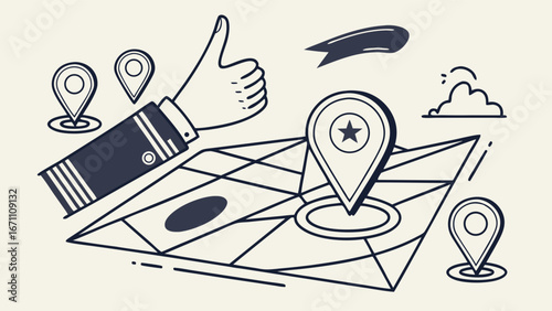 Hand Gesturing Thumbs Up Over Map with Location Pins and Star Icon Illustration.
