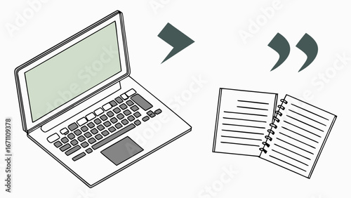 Laptop to Notebook Data Transfer Digital to Analog Writing Note Taking Idea Transfer Illustration.