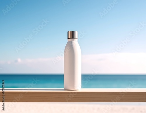 A sleek, white ceramic bottle with a minimalist design rests elegantly on a rustic wooden table, showcasing its smooth surface and subtle shine.