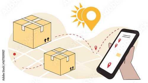 Tracking Package Delivery Service App Illustration Mobile Phone Cardboard Boxes Map Location GPS Shipment Delivery Transportation Logistics.