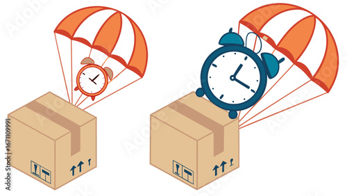 Fast Delivery Concept Alarm Clock Parachute on Cardboard Boxes Illustration.