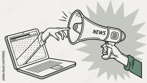 Online News Announcement Digital Communication Laptop and Megaphone Illustration.
