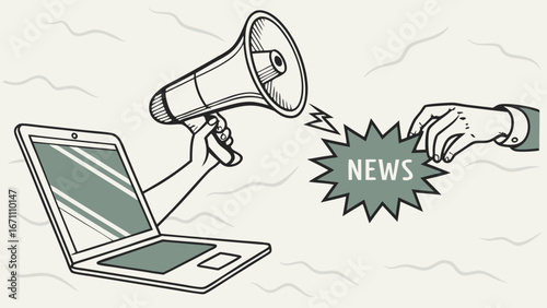 Online News Announcement Laptop Megaphone Hand Breaking News Illustration Digital Communication Vintage Style Graphic.