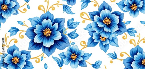 Wallpaper Mural Elegant watercolor blue baroque floral pattern with gold scroll leaves on white, shabby, baroque Torontodigital.ca