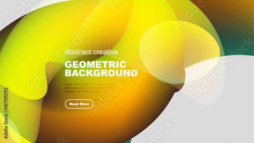 Abstract shapes overlap, creating vibrant yellow, green gradients. Dark background contrasts bright elements, modern design aesthetic.