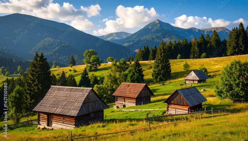 Obraz premium Serene Mountain Landscape with Traditional Wooden Cabins on Rolling Green Hills under a Bright Blue Sky