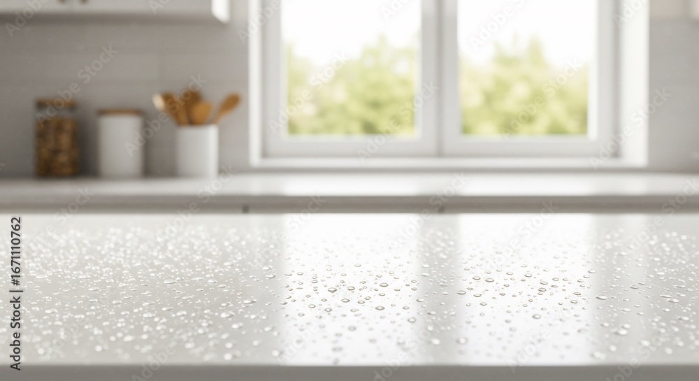 Fototapeta premium Water droplets on a clean white countertop in a bright kitchen