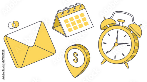 Time Management Icons Calendar Clock Envelope and Dollar Sign Illustration.
