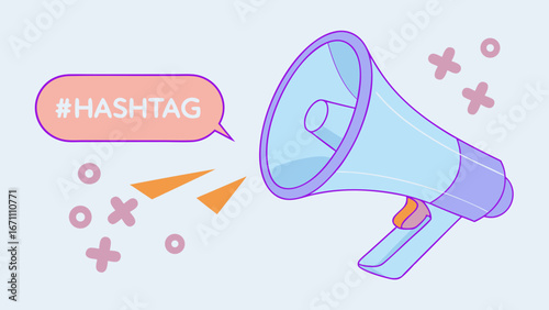 Cartoon megaphone announcing hashtag social media marketing illustration flat design vibrant colors.