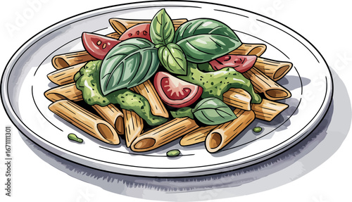  a delicious plate of penne pasta, generously topped with vibrant green pesto. Fresh basil leaves and halved cherry tomatoes add a pop of color and freshness, making it an inviting Italian dish. 