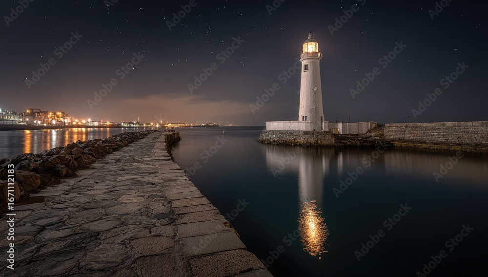 Obraz premium Lighthouse at night, reflecting on calm water