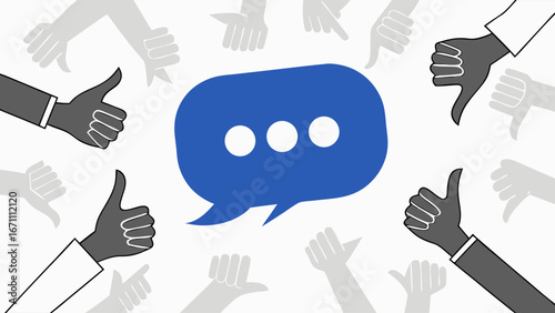 Thumbs Up and Down Surrounding a Speech Bubble Graphic for Feedback Review and Social Media Concepts.