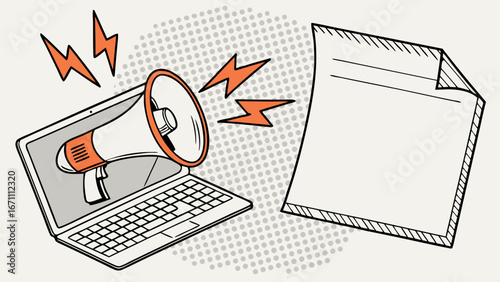 Online Announcement Laptop Megaphone and Document Illustration in Pop Art Style.