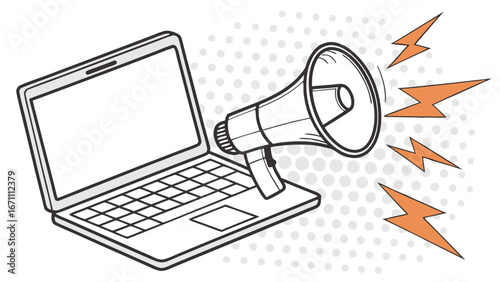 Laptop with megaphone announcing news digital marketing online announcement computer communication.
