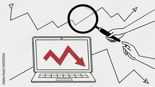 Laptop screen showing a downward trending graph with a magnifying glass analyzing it.