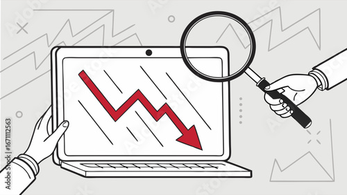 Analyzing a Decreasing Trend Graph on a Laptop Screen with a Magnifying Glass.