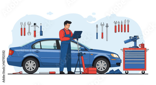 Illustrative car mechanic performing vehicle diagnostics with digital tools in a modern garage