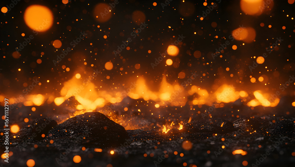 Naklejka premium Burning embers glow intensely on dark ground creating a mesmerizing spectacle of light and heat, evoking a sense of danger and raw power.