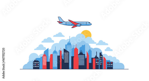 Urban flight over a cityscape featuring a modern aircraft and vibrant skyline
